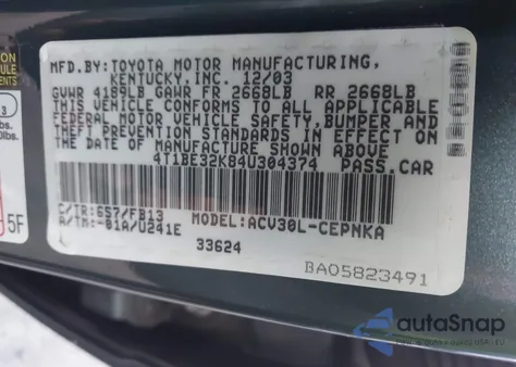 2004 Toyota Camry Le from USA, damaged, VIN 4T1BE32K84U304374